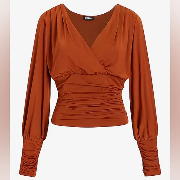 ❤️Express Caramel Cafe Silky V-Neck Ruched Blouse☆ - Picture 2 of 5